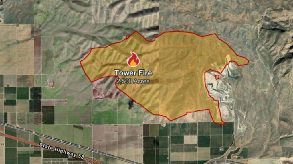 The Kern County Tower Fire has burned 2,500 acres as of Monday, May 4, 2026, morning, CalFire reported. (CalFire)
