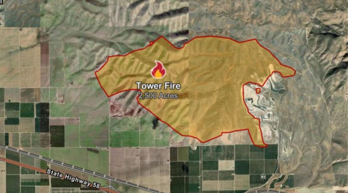 The Kern County Tower Fire has burned 2,500 acres as of Monday, May 4, 2026, morning, CalFire reported. (CalFire)