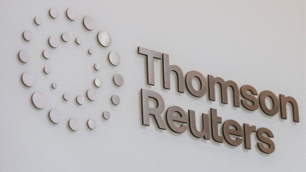The Thomson Reuters logo is displayed on the company's building in Times Square, New York City, U.S., August 6, 2025. (Reuters/Jeenah Moon)