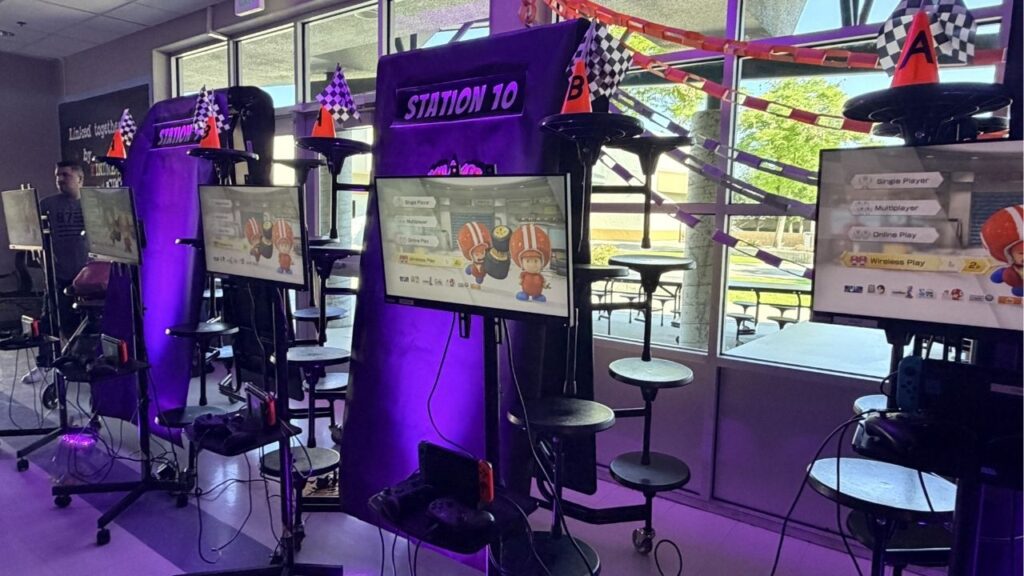 The gaming stations set up for the Clovis Unified School District's Mario Kart Tournament on Saturday, May 9, 2026. (GV Wire)