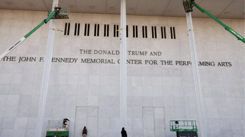 The newly added lettering for U.S. President Donald Trump's name is displayed at the facade of the John F. Kennedy Center for the Performing Arts, a day after its board announced it would rename the institution The Donald J. Trump and The John F. Kennedy Memorial Center for the Performing Arts, in Washington, D.C., U.S., December 19, 2025. (Reuters/Kevin Lamarque)