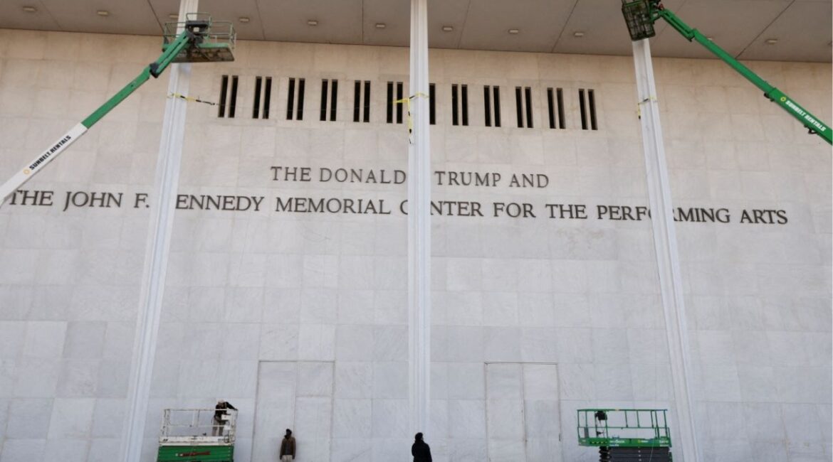 The newly added lettering for U.S. President Donald Trump's name is displayed at the facade of the John F. Kennedy Center for the Performing Arts, a day after its board announced it would rename the institution The Donald J. Trump and The John F. Kennedy Memorial Center for the Performing Arts, in Washington, D.C., U.S., December 19, 2025. (Reuters/Kevin Lamarque)