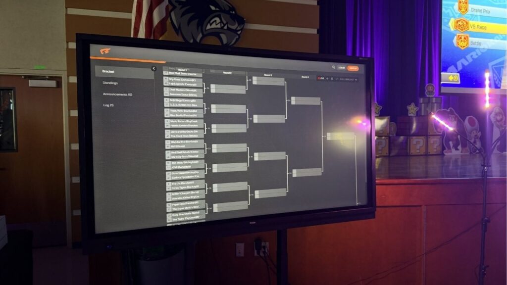 The tournament style board at Clovis Unified School District's Mario Kart Tournament on Saturday, May 9, 2026. (GV Wire)