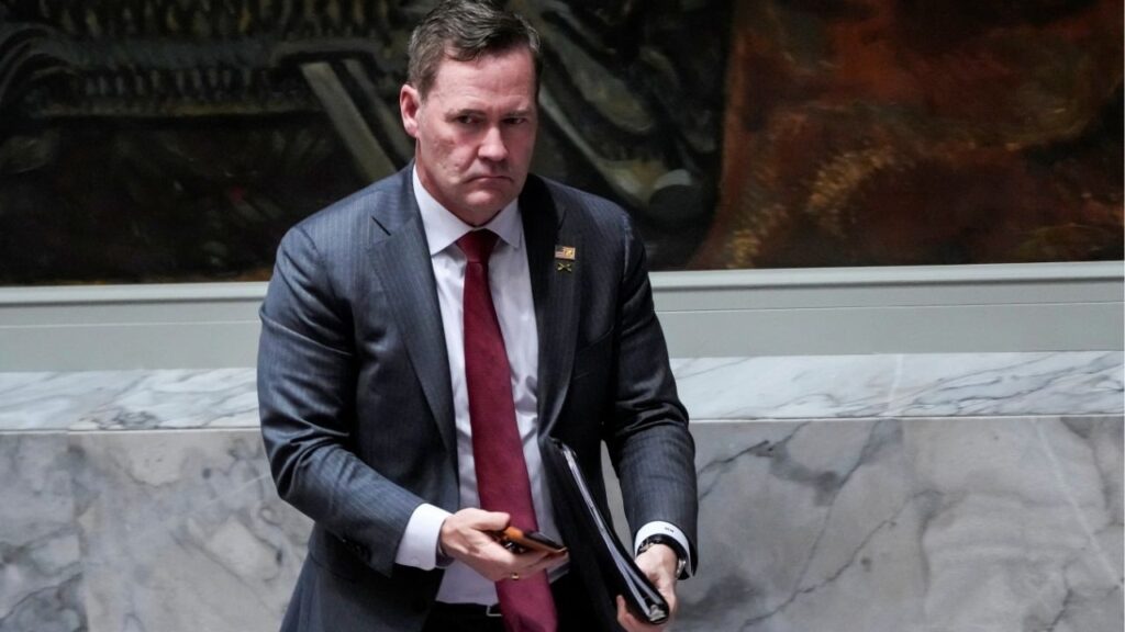 U.S. Ambassador to the United Nations Mike Waltz leaves the chamber during a Security Council meeting on maritime safety at U.N. headquarters in New York City, U.S., April 27, 2026. (Reuters/Eduardo Munoz)