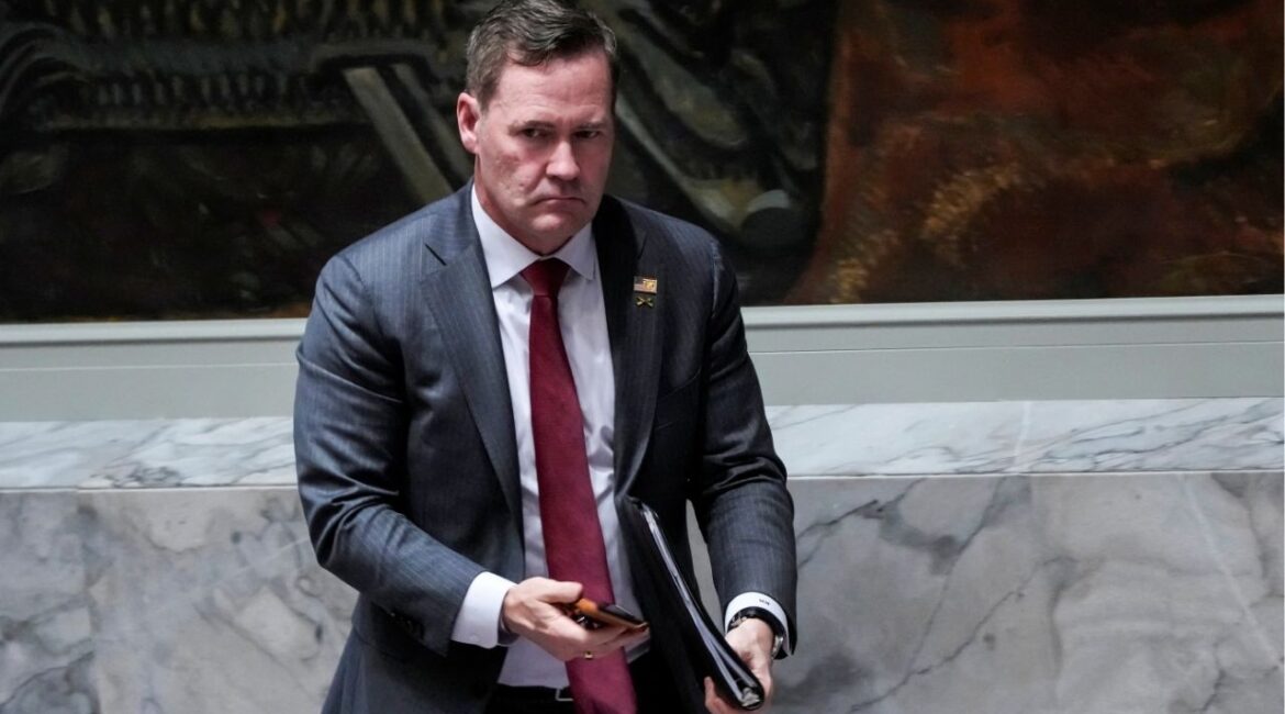 U.S. Ambassador to the United Nations Mike Waltz leaves the chamber during a Security Council meeting on maritime safety at U.N. headquarters in New York City, U.S., April 27, 2026. (Reuters/Eduardo Munoz)