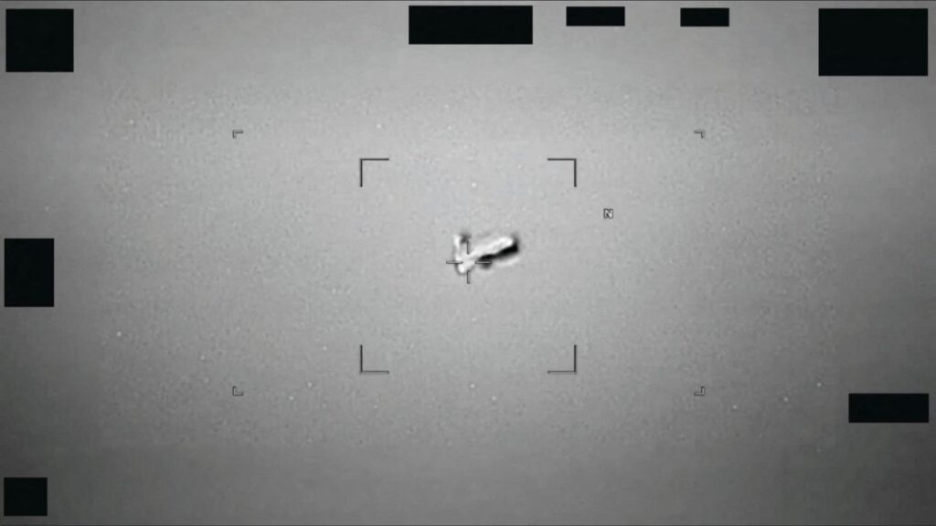 A football-shaped body reported by the U.S. Indo-Pacific Command in 2024 is seen as part of a series of documents of unidentified aerial phenomenon (UAP) released by the U.S. Defense Department on May 8, 2026. (Department of Defense/Handout via REUTERS)