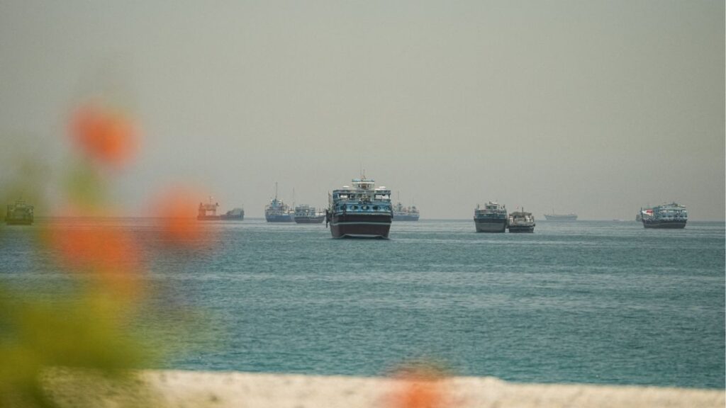 Vessels anchored at the Strait of Hormuz, as seen from Musandam, Oman, May 25, 2026. (Reuters/Stringer)