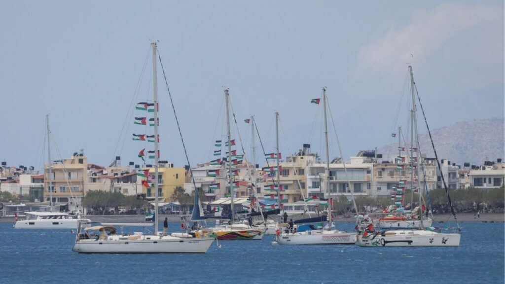 Vessels of the Global Sumud Flotilla, which was intercepted on international waters by the Israeli Navy, sail off the city of Ierapetra, on the island of Crete, Greece, May 1, 2026. (Reuters/Stefanos Rapanis)