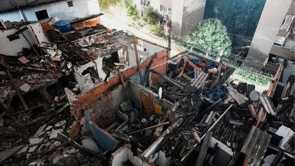 View of the site where a fire set off by a potential gas explosion damaged homes and injured people, according to the local fire department, in Sao Paulo, Brazil, May 11, 2026. (Reuters/Alexandre Meneghini)