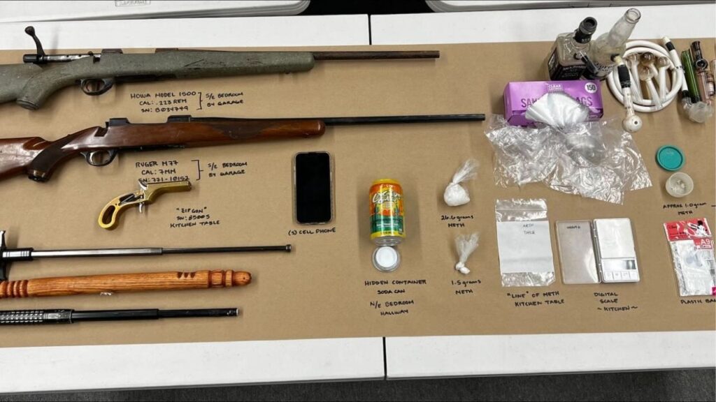 Visalia police arrested two men Wednesday after officers serving a search warrant found methamphetamine intended for sale, rifles and a homemade firearm at a home on West Orchard Court. (Visalia PD)