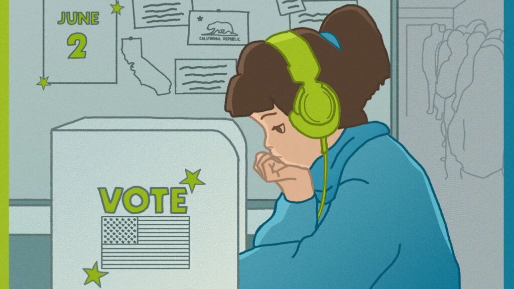 Pastel illustration of a woman with headphones on contemplating her California voting ballot