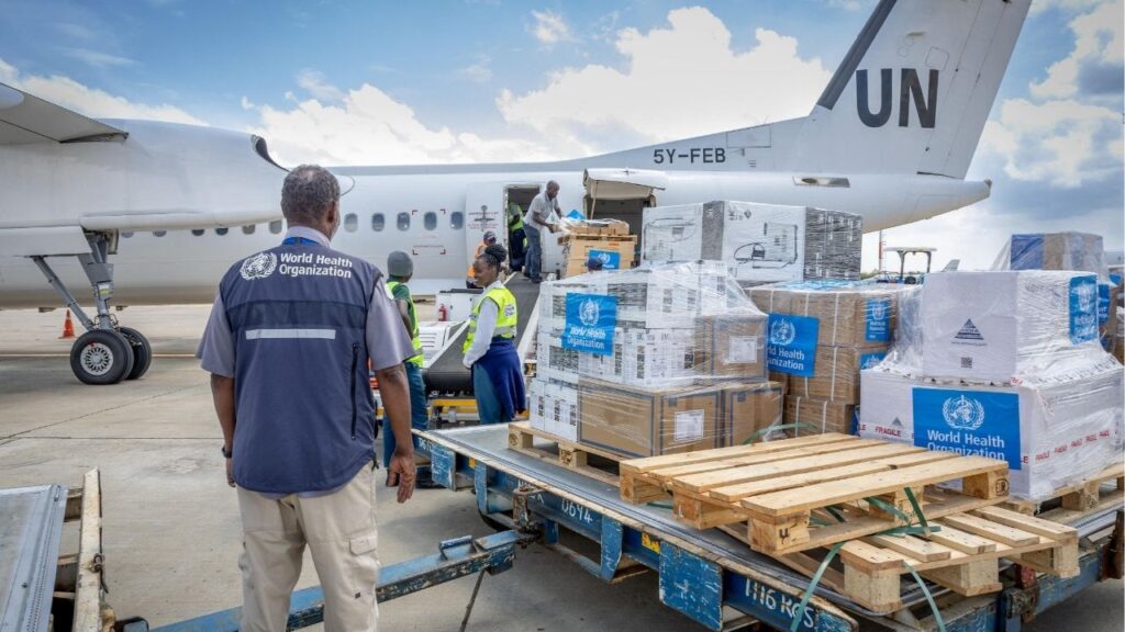 World Health Organization's (WHO) workers mobilise 4.7 tonnes of essential medical supplies and emergency kits to support the affected regions in response to the Ebola outbreak in the Democratic Republic of Congo from the Jomo Kenyatta International Airport (JKIA) in Nairobi, Kenya May 18, 2026. World Health Organization/Handout via REUTERS