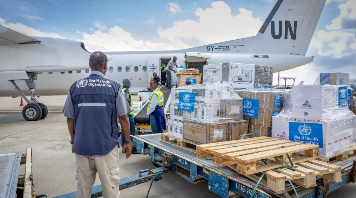 World Health Organization's (WHO) workers mobilise 4.7 tonnes of essential medical supplies and emergency kits to support the affected regions in response to the Ebola outbreak in the Democratic Republic of Congo from the Jomo Kenyatta International Airport (JKIA) in Nairobi, Kenya May 18, 2026. World Health Organization/Handout via REUTERS