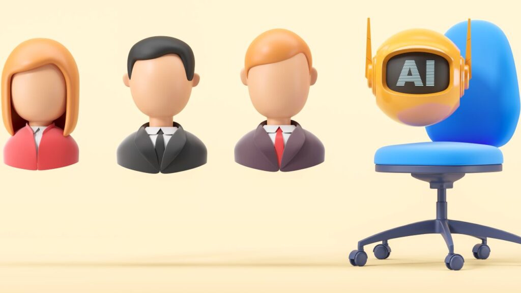 Three avatars representing workers being replaced by an AI robot sitting in an office chair