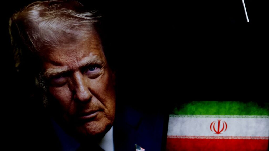Composite image of President Trump and the Iranian flag against a dark background