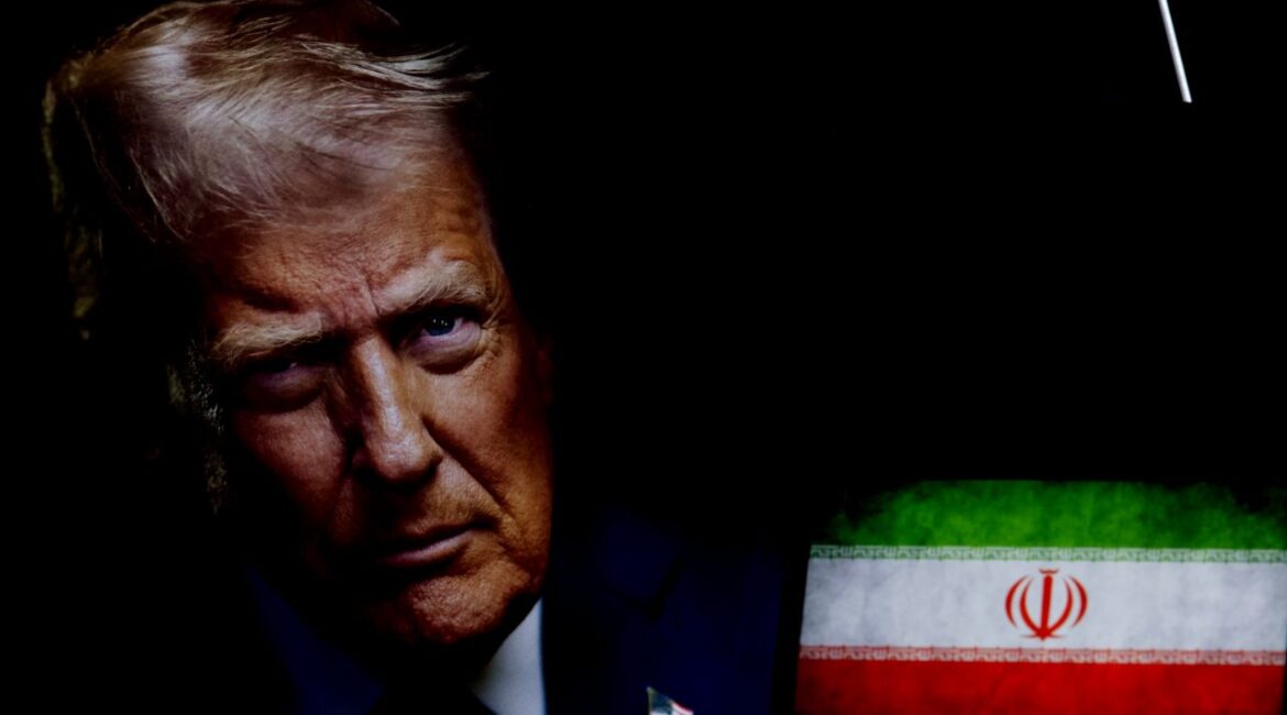 Composite image of President Trump and the Iranian flag against a dark background