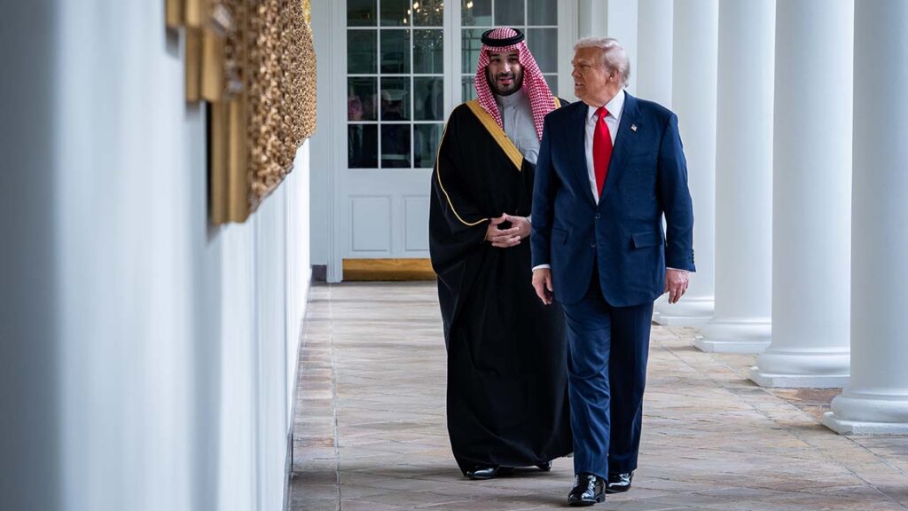 President Donald Trump and Crown Prince Mohammed bin Salman of Saudi Arabia walk along the presidential portraits on the White House Colonnade in Washington, on Nov. 18, 2025. President Trump’s announcement on Sunday that the U.S. military would escort ships through the Strait of Hormuz angered Crown Prince Mohammed, who denied U.S. access to Saudi airspace and American bases in the country, according to a person briefed by Saudi officials and a U.S. military official. (Haiyun Jiang/The New York Times)