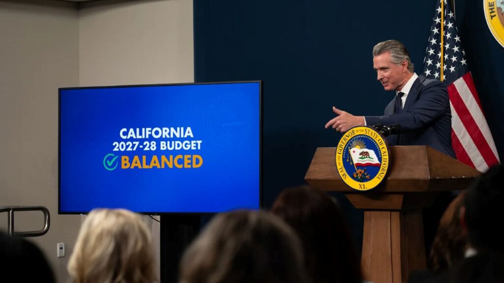 Image of Gavin Newsom facing left and pointing to a screen with the words "California 2027-28 Budget Balanced" and a checkmark