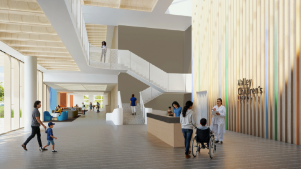 Rendering of the interior of a planned Ambulatory Pavilion at Valley Children's Healthcare