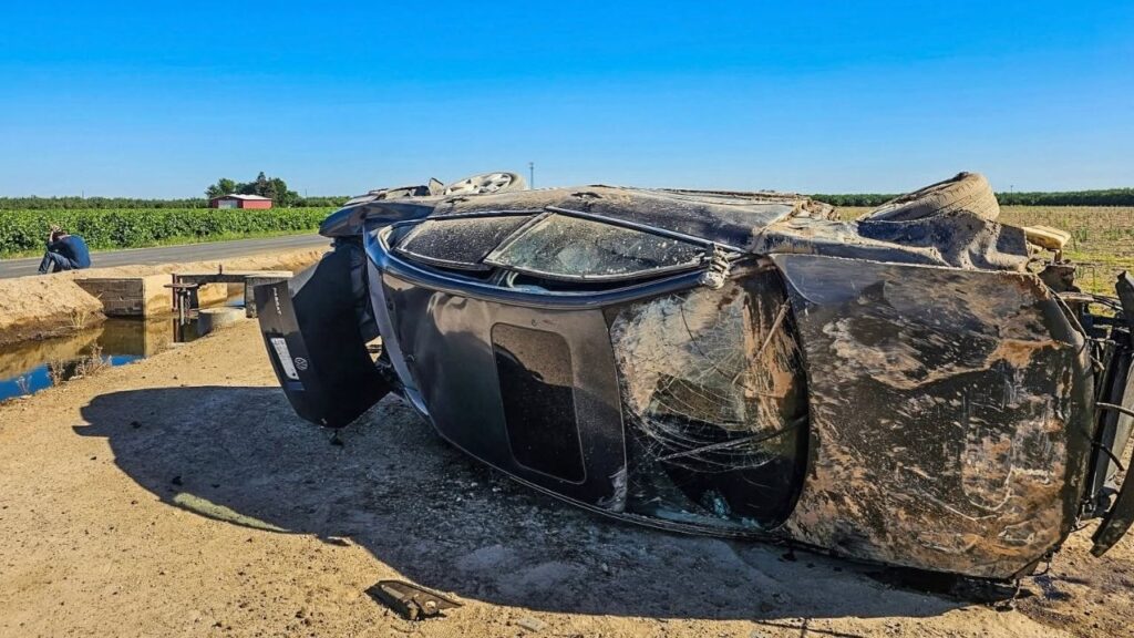 A 19-year-old driver walked away virtually unharmed from a violent rollover crash in Fresno County after losing control of his vehicle, with CHP crediting his seat belt for saving his life. (CHP)