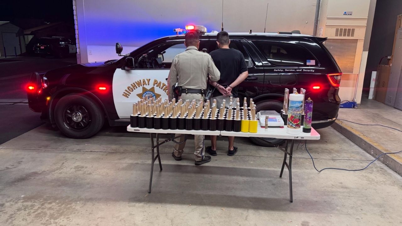 A DUI arrest in Madera on Tuesday, June 23, 2026, led California Highway Patrol officers to discover nitrous oxide tanks and illegal fireworks inside a vehicle, which were later turned over to CAL FIRE for disposal. (CHP)