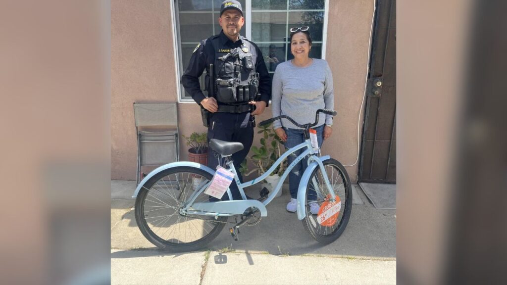 A Delano police officer bought a replacement bicycle for a resident after investigators identified a theft suspect but were unable to recover the stolen bike. (Delano PD)