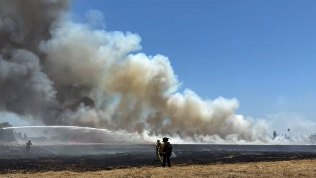 A Fresno grass fire grew to about 20 acres Friday, briefly threatening homes and an apartment complex before firefighters contained it with no reported injuries or damage. (Fresno FD)