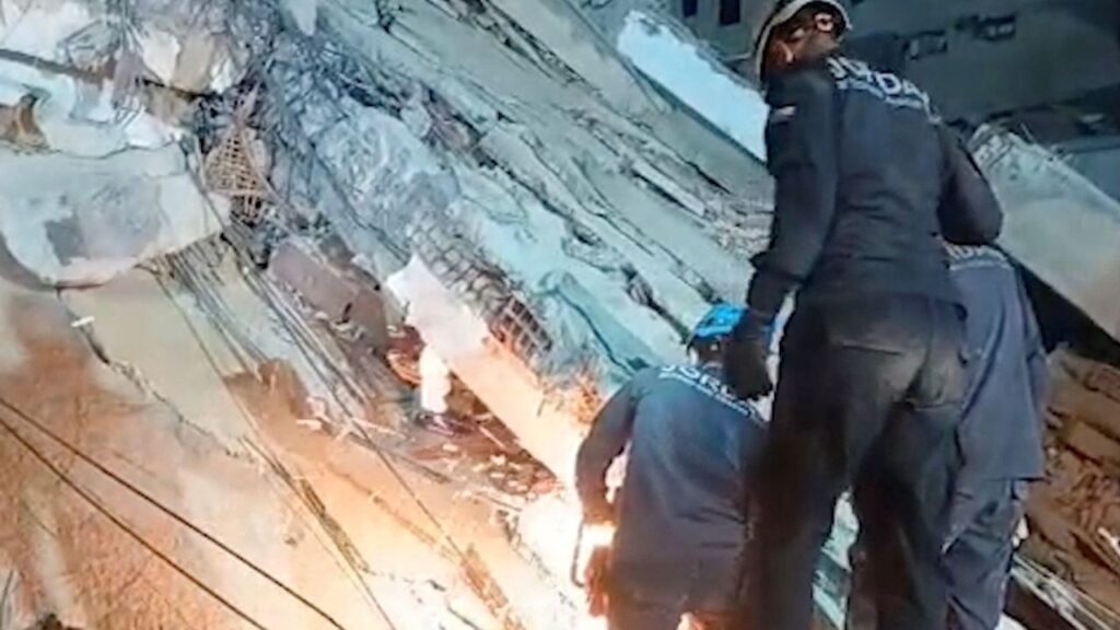 A Jordanian team works to rescue a child trapped under rubble following earthquakes in Venezuela, in a location given as Caracas, Venezuela, in this still image obtained from a handout video released on June 30, 2026. Two deadly back-to-back 7.2- and 7.5-magnitude quakes occurred in Venezuela on June 24, 2026. Jordan Public Security/Handout via REUTERS