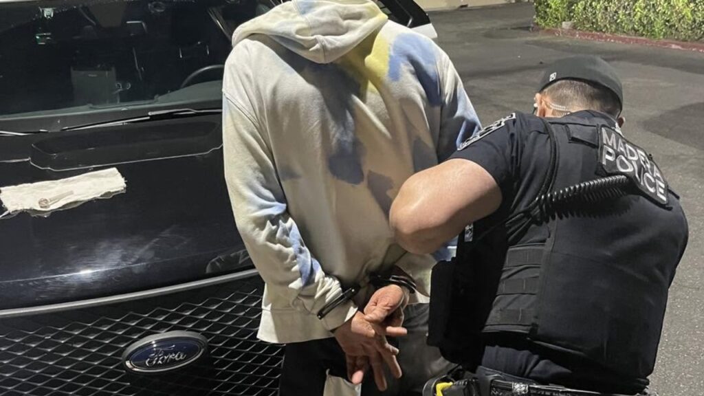 A Madera police officer conducting overnight checks of closed businesses along West Cleveland Avenue arrested Jared Roark after discovering he was wanted on an outstanding felony warrant related to prior theft charges. (Madera PD)