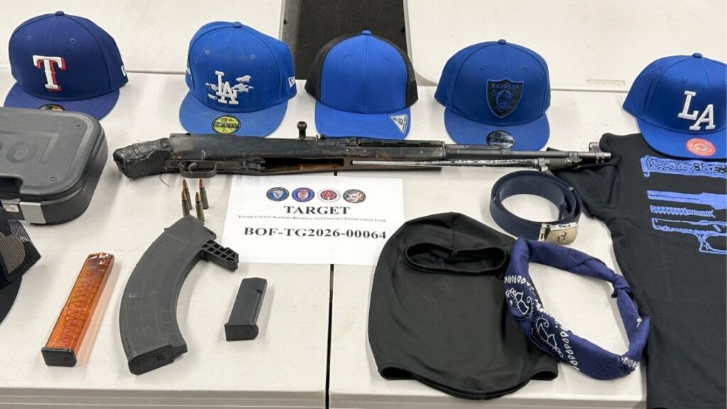 A Visalia Police Department-led gun violence task force arrested a Tulare man after a search warrant uncovered an SKS rifle, large-capacity magazines and ammunition at a South Mooney Avenue residence, authorities said. (Visalia PD)