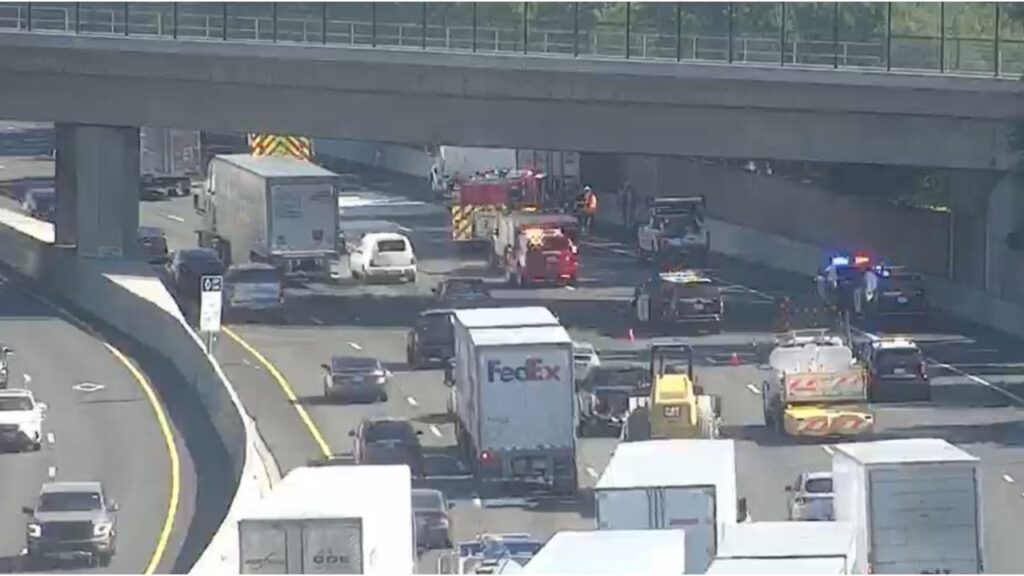 A big rig crash on northbound Interstate 5 near Sutterville Road in Sacramento spilled diesel fuel onto the freeway Thursday, blocking two lanes for cleanup with full reopening expected in about three hours, according to Caltrans. (Caltrans)