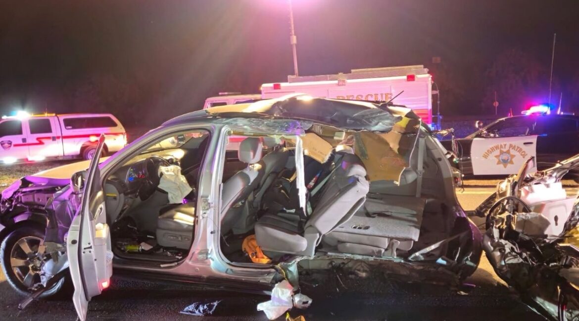 A driver attempting to squeeze between a pulled-over car and a wide-load truck on Highway 33 caused a violent crash that left all involved with minor injuries, CHP Modesto said. (CHP)