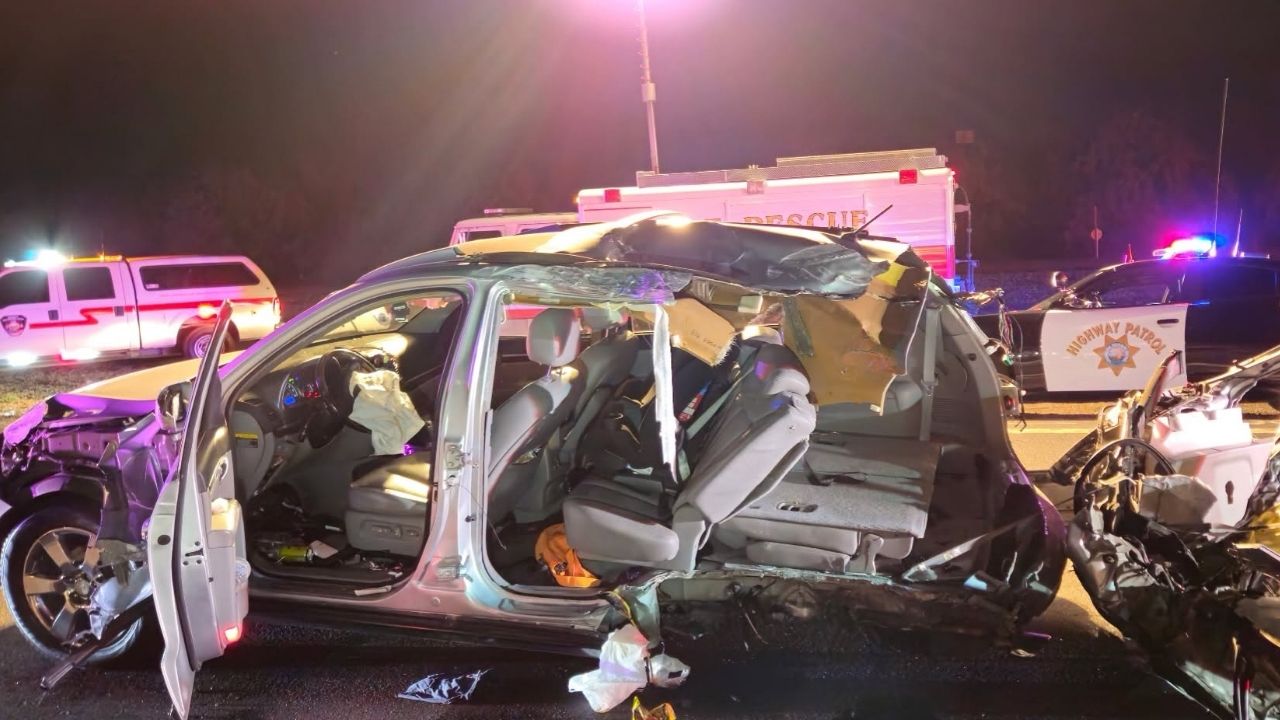 A driver attempting to squeeze between a pulled-over car and a wide-load truck on Highway 33 caused a violent crash that left all involved with minor injuries, CHP Modesto said. (CHP)