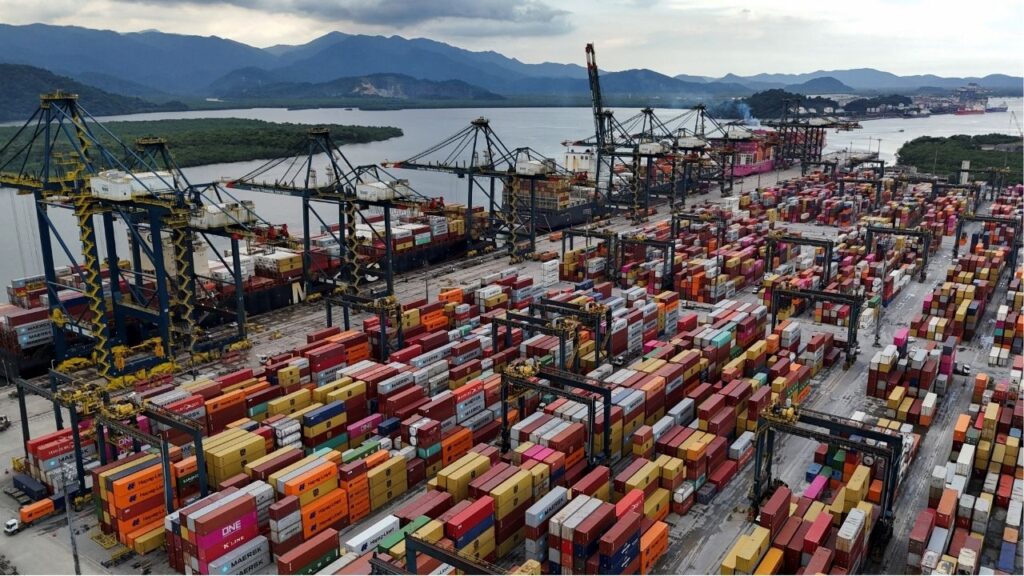 A drone view shows ships and containers at the Port of Santos, in Santos, Brazil April 3, 2025. (Reuters/Amanda Perobelli)
