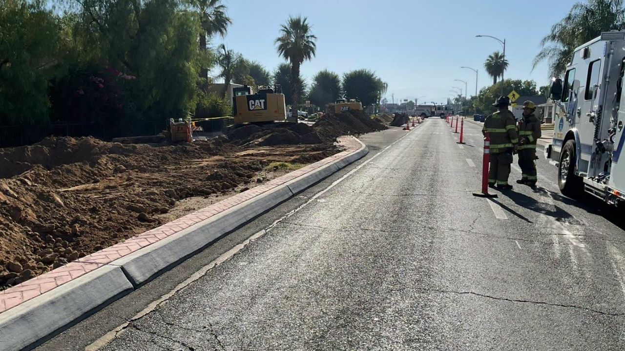 A gas leak on East El Monte Way in Dinuba prompted a full road closure between Snyder and Palm avenues on Tuesday, June 23, 2026, while utility crews worked to contain the leak. (Dinuba FD)