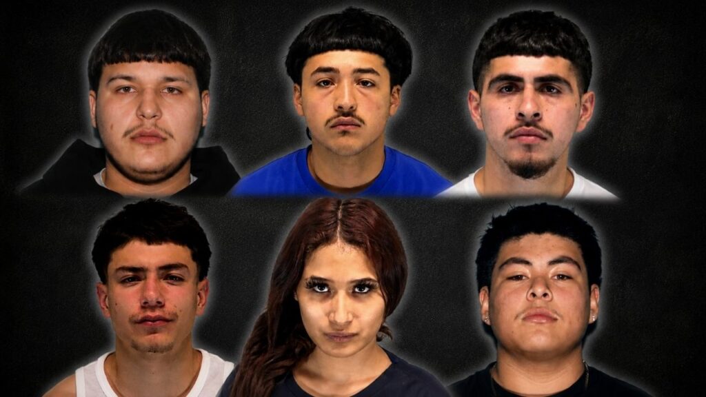 A months-long investigation into two armed robberies at a Bakersfield smoke shop led to 13 arrests, including four minors, on charges of robbery, conspiracy and gang-related offenses. Top row: Jerimiah Ramos, Larry Rodriguez Covarrubias, Miguel Perez. Bottom row: Jesus Cervantes, Leonor Medina, Damien Monroe. (Kern County SO)