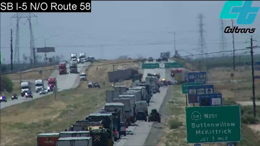 A multi-vehicle collision closed southbound Interstate 5 at Highway 58 in Kern County, with traffic being diverted and no estimated reopening time available, according to Caltrans. (Caltrans)