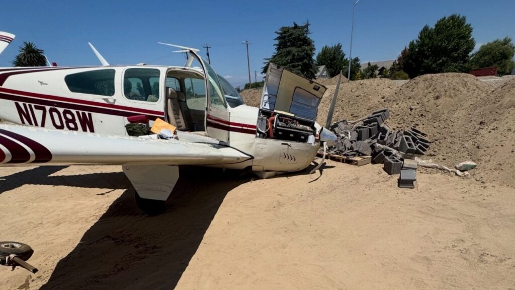 A small plane made an emergency landing in a Kingsburg housing development Friday after a mechanical issue, and the pilot was able to walk away, according to the Fresno County Sheriff's Office. (Kingsburg FD)