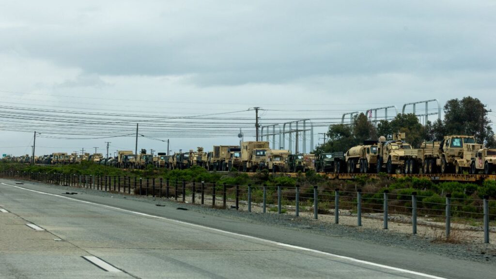 A train transporting U.S. military equipment travels through Camp Pendleton in California, U.S., March 31, 2026. REUTERS/Mike Blake