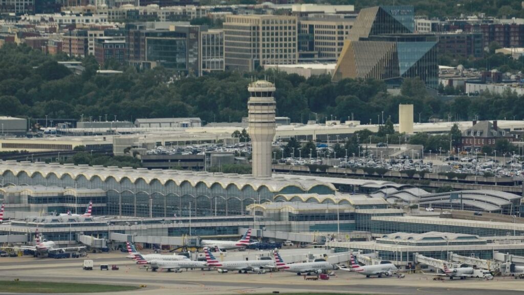 A view of Ronald Reagan National Airport, DCA, from the top of the Washington Monument in Washington, D.C., U.S., May 2, 2026. REUTERS/Ken Cedeno