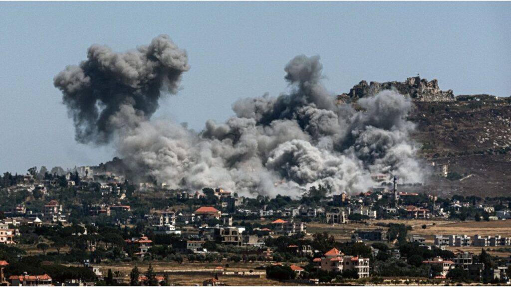 An Israeli air strike lands in front of Beaufort Castle as seen from Nabatieh, Lebanon, Thursday, June 04, 2026. Fighting across southern Lebanon has intensified this week, even after President Donald Trump on Monday announced that Israel and Hezbollah, the Iranian-backed armed group, had renewed their truce. (Daniel Berehulak/The New York Times)