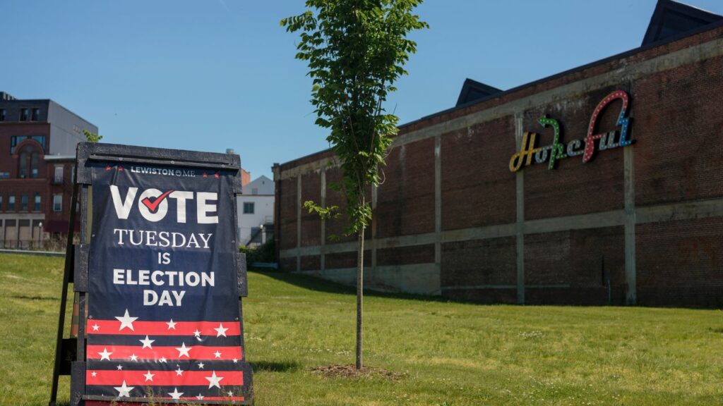 An election sign in Lewiston, Maine, on Tuesday, June 9, 2026. Republicans have appeared to use shadowy super PACs to meddle in a series of Democratic primary contests this year, spending hundreds of thousands of dollars to elevate candidates they see as weak or controversial. (John Tully/The New York Times)