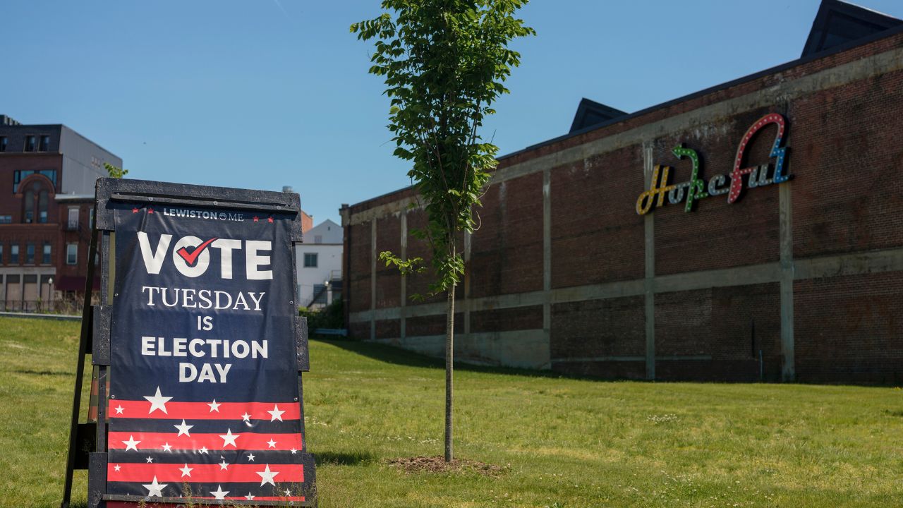 An election sign in Lewiston, Maine, on Tuesday, June 9, 2026. Republicans have appeared to use shadowy super PACs to meddle in a series of Democratic primary contests this year, spending hundreds of thousands of dollars to elevate candidates they see as weak or controversial. (John Tully/The New York Times)