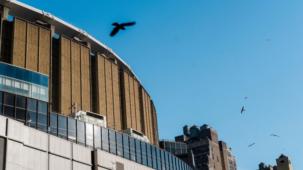 An exterior view of Madison Square Garden in New York, April 10, 2023. A 51-year-old man died after falling from a balcony during a rock concert on Saturday night, June 20, 2026, at Madison Square Garden in Manhattan, according to the police and Fire Department officials. (Gabriela Bhaskar/The New York Times)