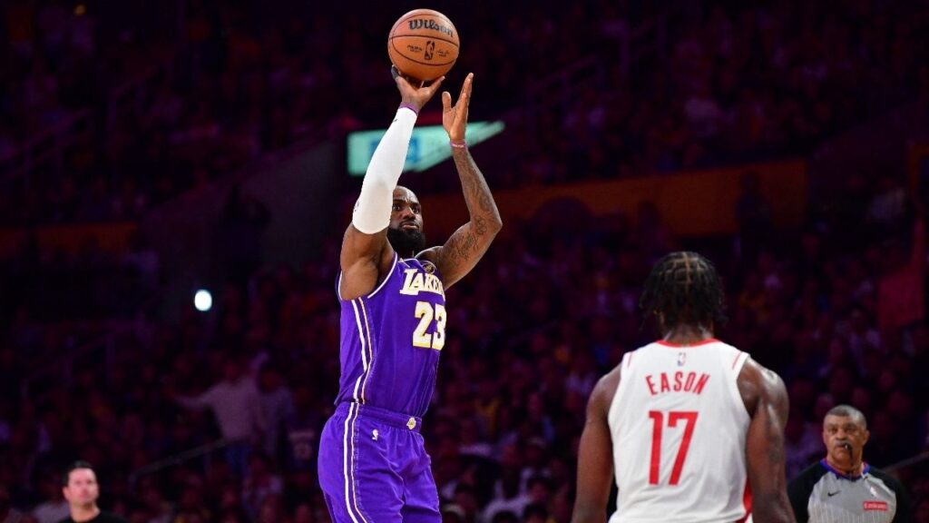 Apr 29, 2026; Los Angeles, California, USA; Los Angeles Lakers forward LeBron James (23) shoots against Houston Rockets forward Tari Eason (17) during the first half in game five of the first round of the 2026 NBA Playoffs at Crypto.com Arena. Mandatory Credit: Gary A. Vasquez-Imagn Images