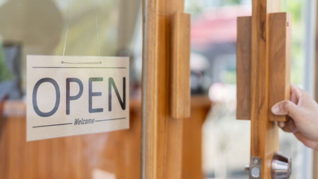 Asset id: 2472270043 show sign open on the first day of business. guarantees safety, cleanliness, open the coffee shop. open for New normal. Small business, welcome, restaurant, home made, family