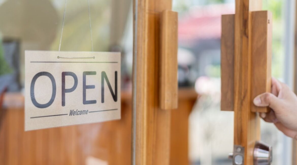 Asset id: 2472270043 show sign open on the first day of business. guarantees safety, cleanliness, open the coffee shop. open for New normal. Small business, welcome, restaurant, home made, family