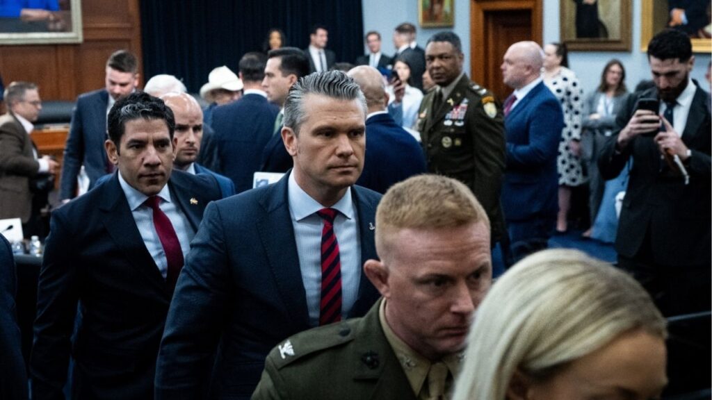 Secretary of Defense Pete Hegseth leaves after testifying at a House Appropriations subcommittee hearing in Washington on May 12, 2026. So far this year, Hegseth has blocked the promotions of at least 40 senior officers to general and admiral ranks, about half of those being women or members of minority groups. (Haiyun Jiang/The New York Times)