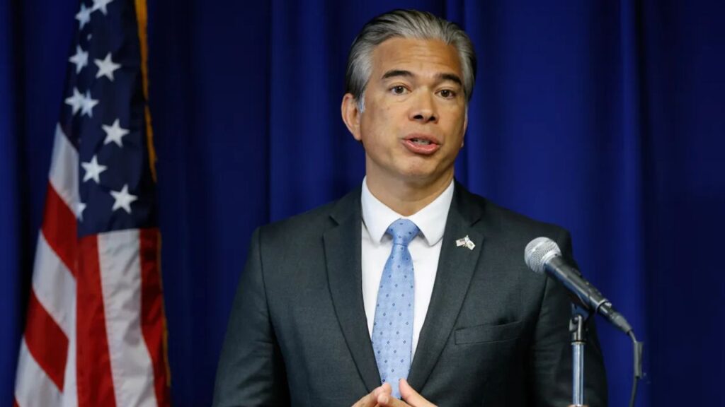 Attorney General Rob Bonta addresses the media during a press conference at the California Department of Justice in Sacramento on Feb. 4, 2025. Photo by Fred Greaves, CalMatters