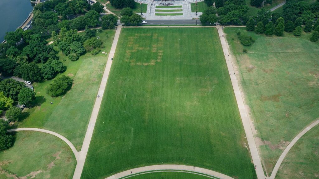 Authorities responded to what appeared to be a large tracing of the term 8647 into the grounds of the National Mall in Washington, D.C., June 11, 2026. A Reuters photographer captured the emerging image from atop the Washington Monument on the Mall's grass shortly before authorities arrived. The arrangement of the numbers was clearly an attempt to show 8647, though the 4 was not fully formed. Federal prosecutors on other occasions have said the term could indicate a threat to President Trump, the 47th U.S. president. (Reuters/ Nathan Howard)